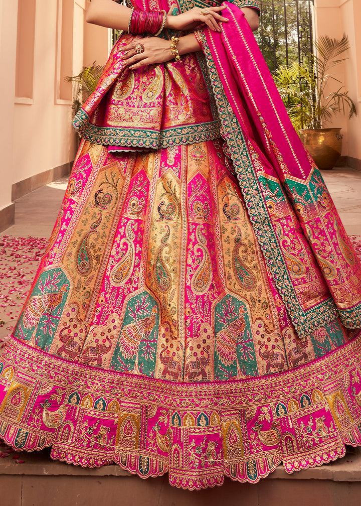 Beige Brown & Pink Banarasi Silk Lehenga with Exquisite Hand Embroidery