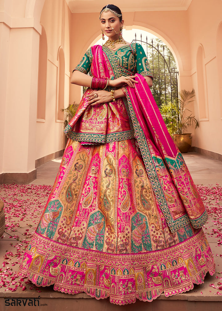 Beige Brown & Pink Banarasi Silk Lehenga with Exquisite Hand Embroidery