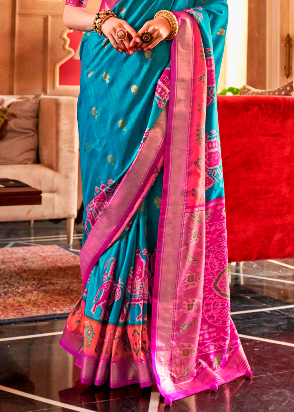 Cerulean Blue Silk Saree Featuring Patola Pattern and Aqua-Finish Sambalpuri Pallu