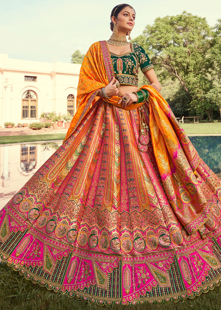 Yellow & Green Banarasi Silk Lehenga with Exquisite Hand Embroidery