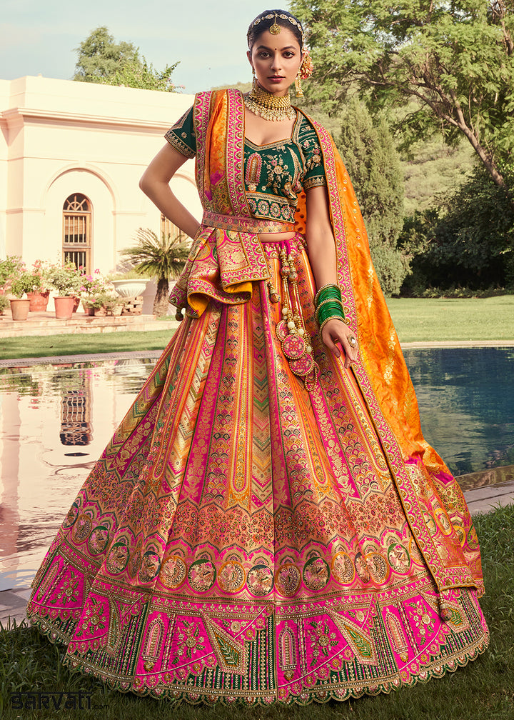 Yellow & Green Banarasi Silk Lehenga with Exquisite Hand Embroidery