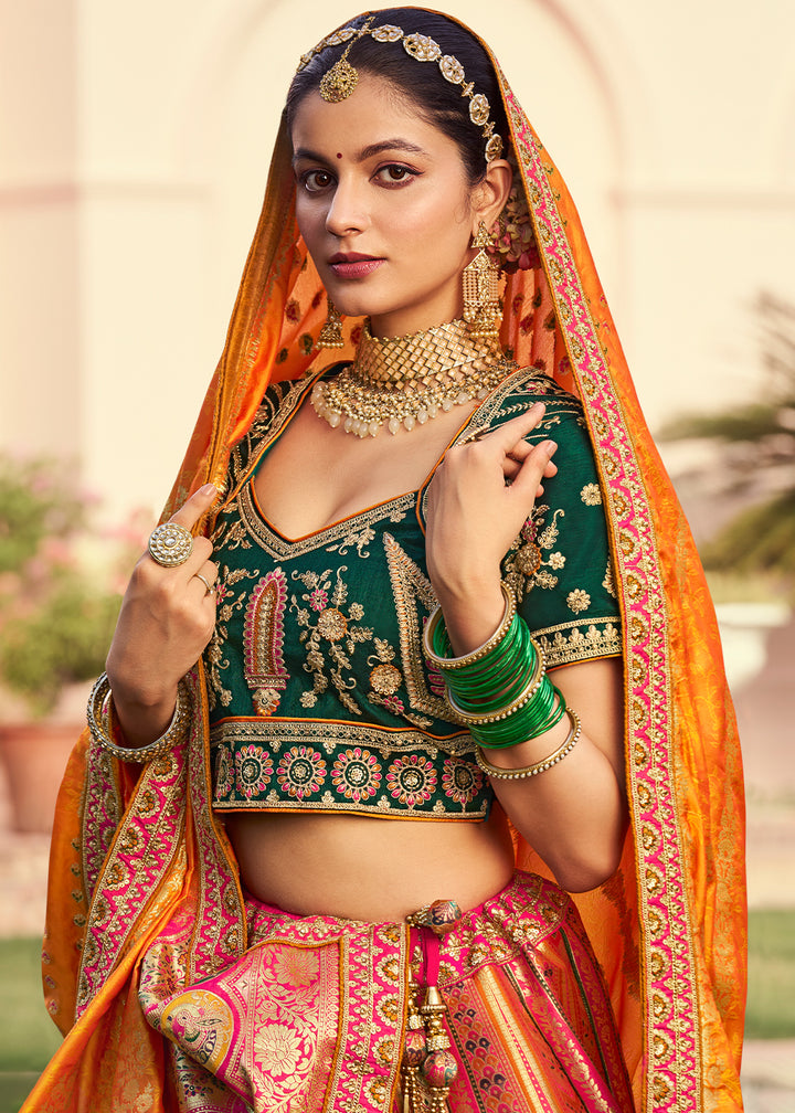 Yellow & Green Banarasi Silk Lehenga with Exquisite Hand Embroidery