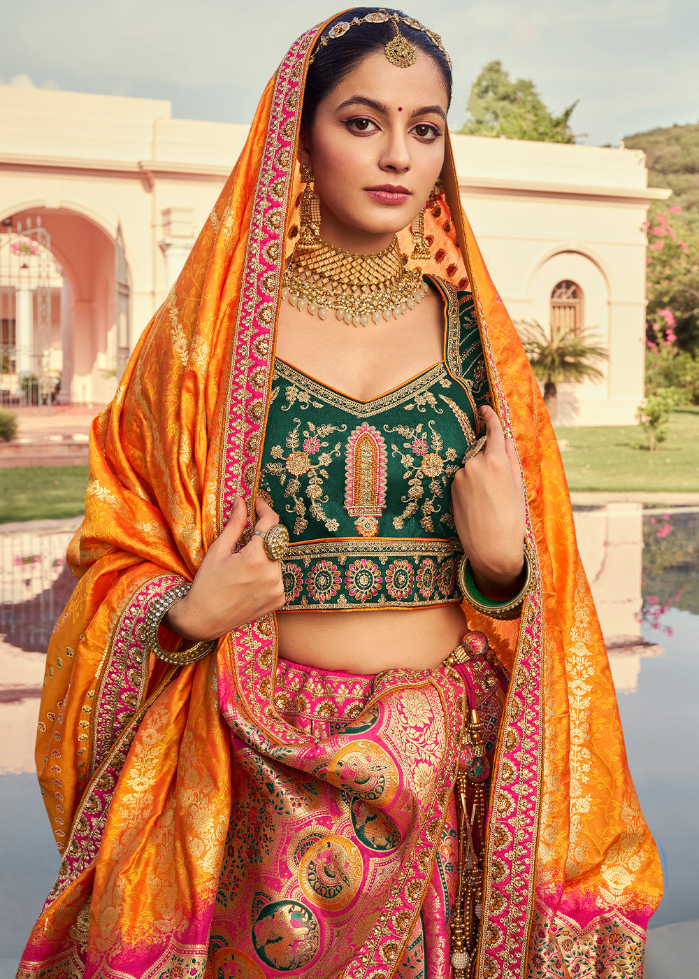 Yellow & Green Banarasi Silk Lehenga with Exquisite Hand Embroidery