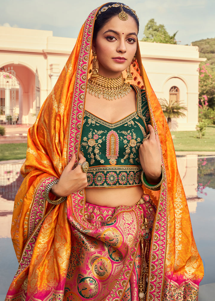 Yellow & Green Banarasi Silk Lehenga with Exquisite Hand Embroidery