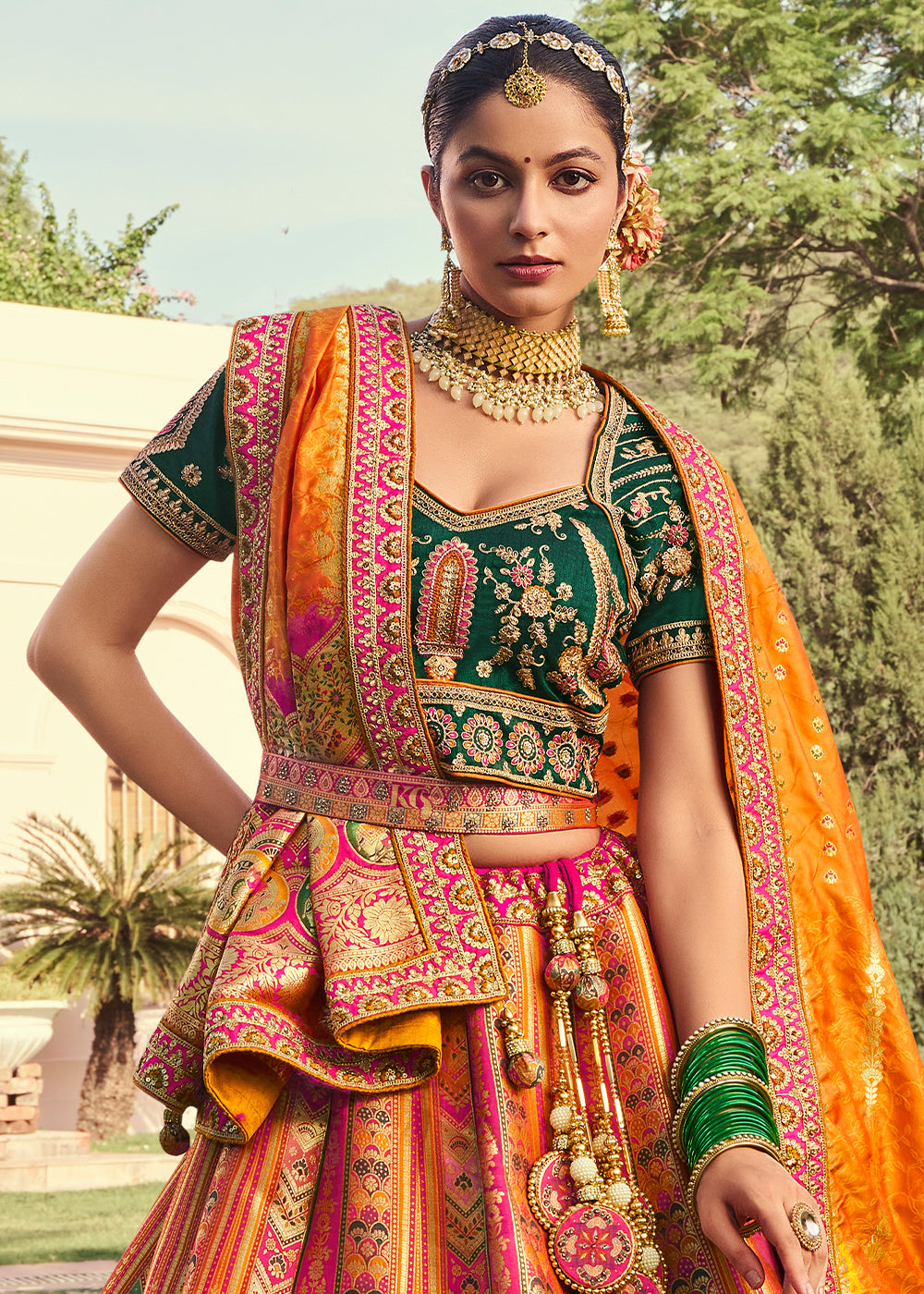 Yellow & Green Banarasi Silk Lehenga with Exquisite Hand Embroidery