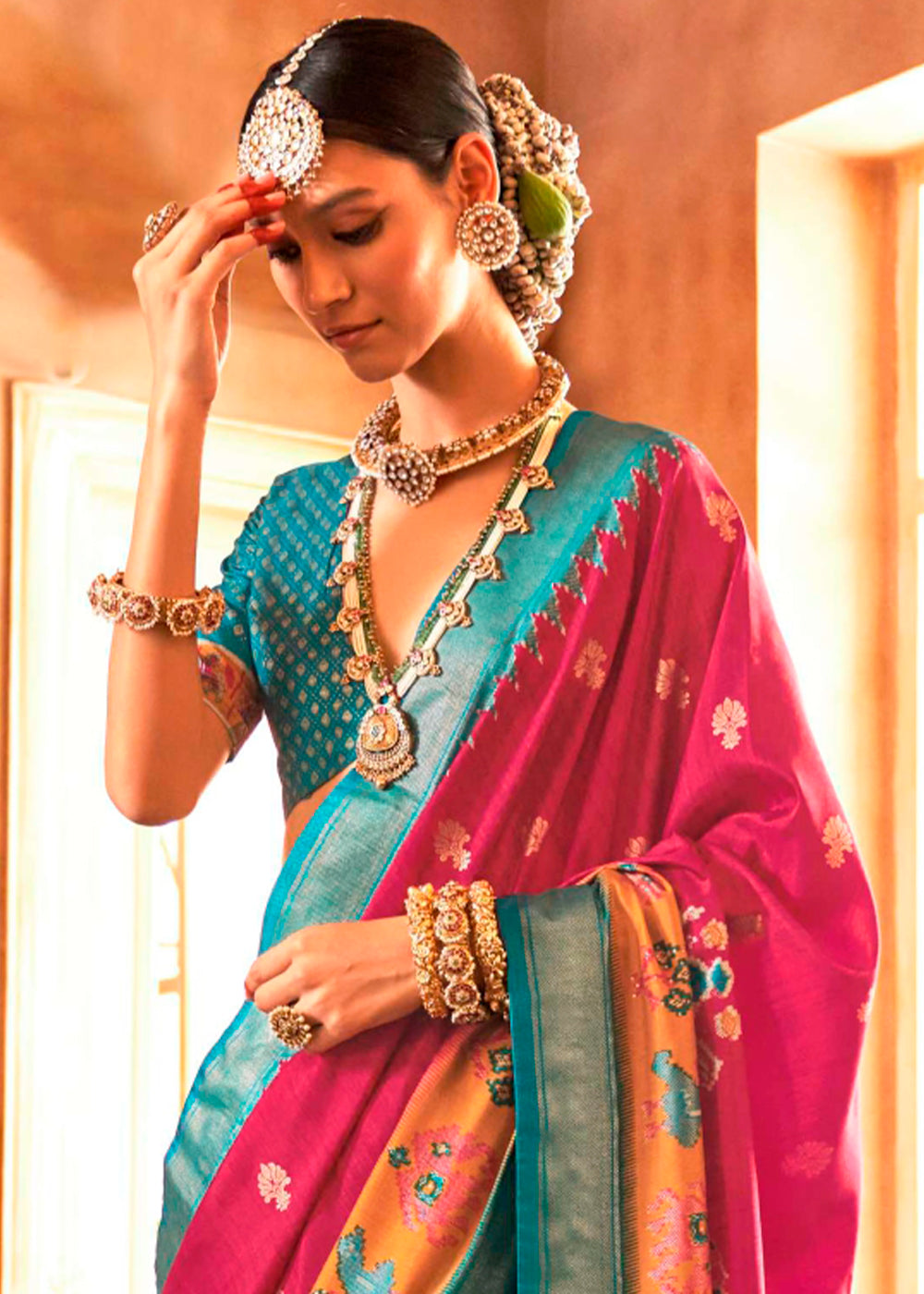 Majantha Magenta Pink Silk Saree Featuring Patola Pattern and Aqua-Finish Samba ...