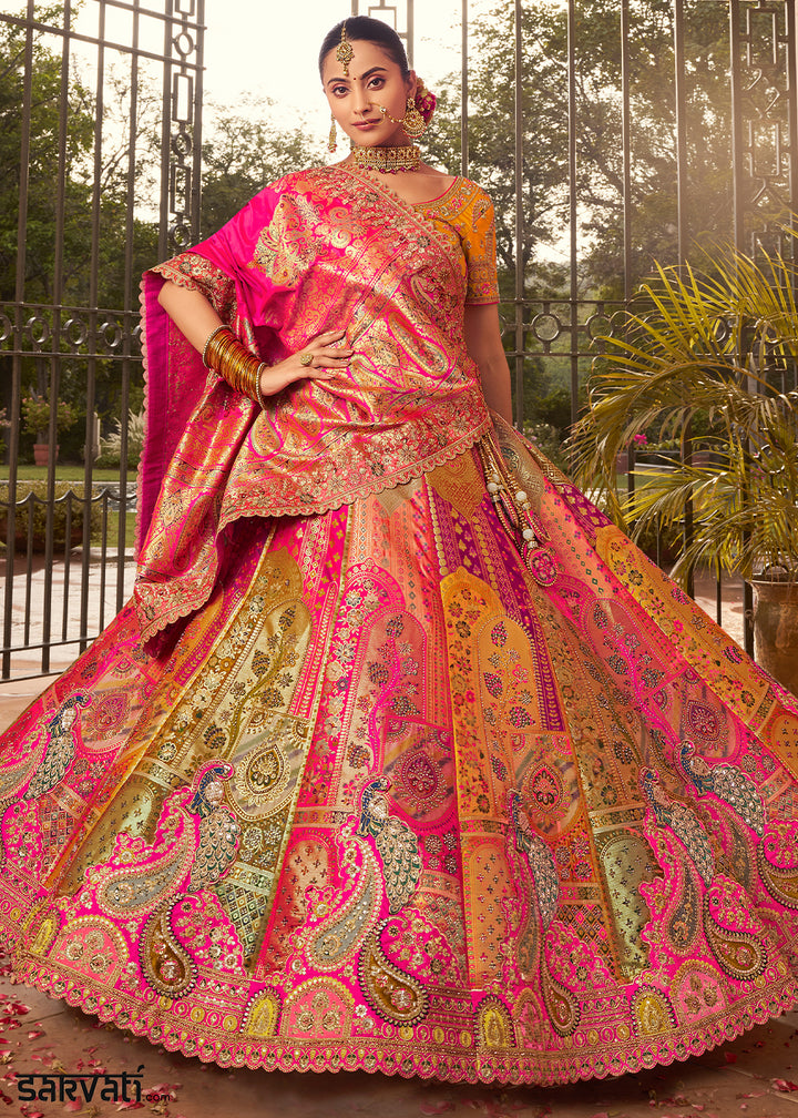 Yellow & Pink Banarasi Silk Lehenga with Exquisite Hand Embroidery