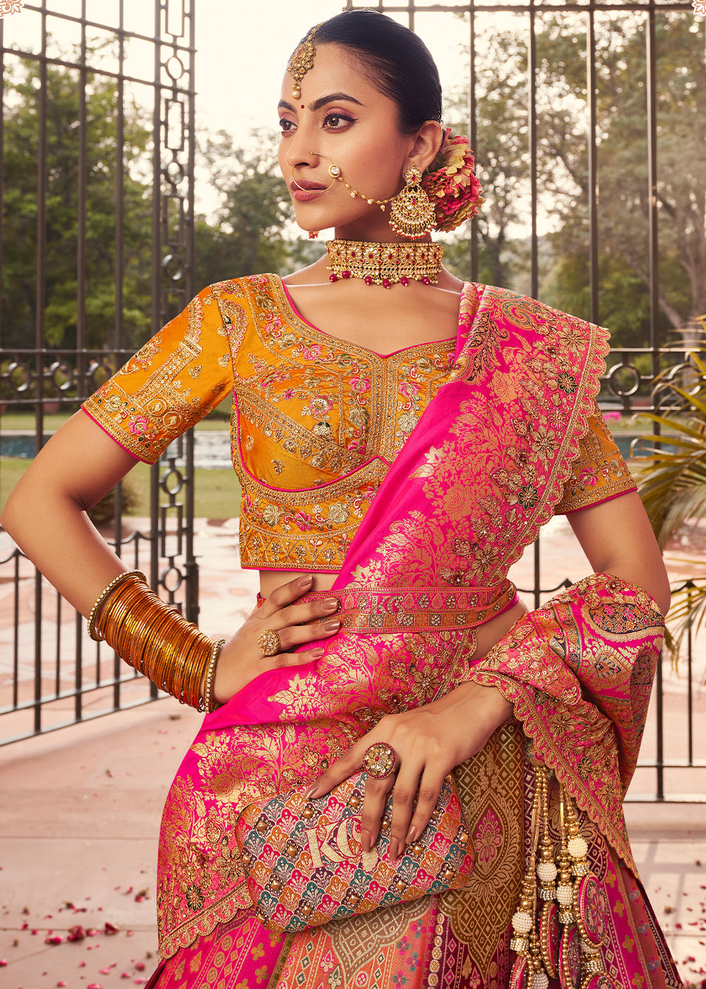 Yellow & Pink Banarasi Silk Lehenga with Exquisite Hand Embroidery