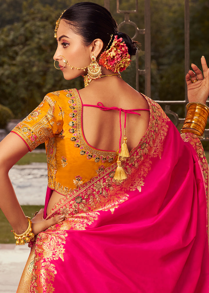 Yellow & Pink Banarasi Silk Lehenga with Exquisite Hand Embroidery