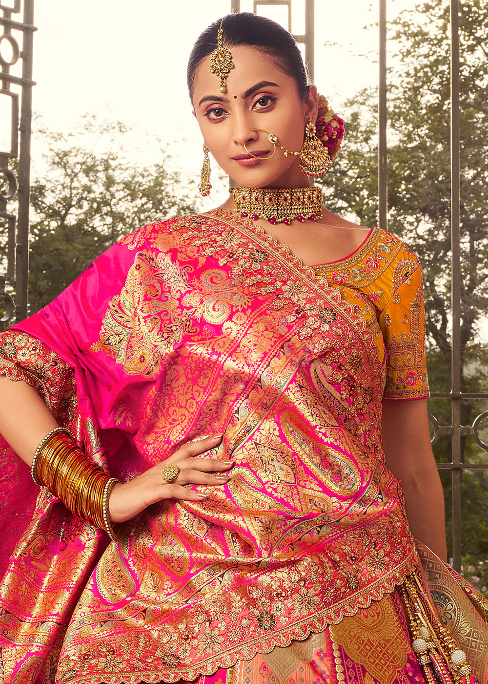 Yellow & Pink Banarasi Silk Lehenga with Exquisite Hand Embroidery