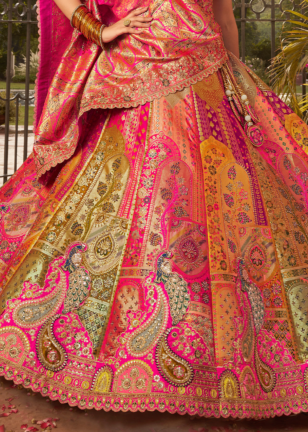 Yellow & Pink Banarasi Silk Lehenga with Exquisite Hand Embroidery