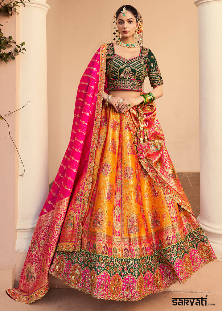 Yellow & Green Banarasi Silk Lehenga with Exquisite Hand Embroidery