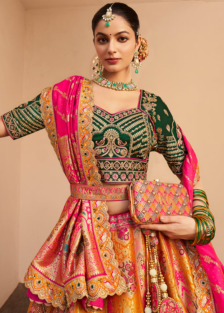 Yellow & Green Banarasi Silk Lehenga with Exquisite Hand Embroidery