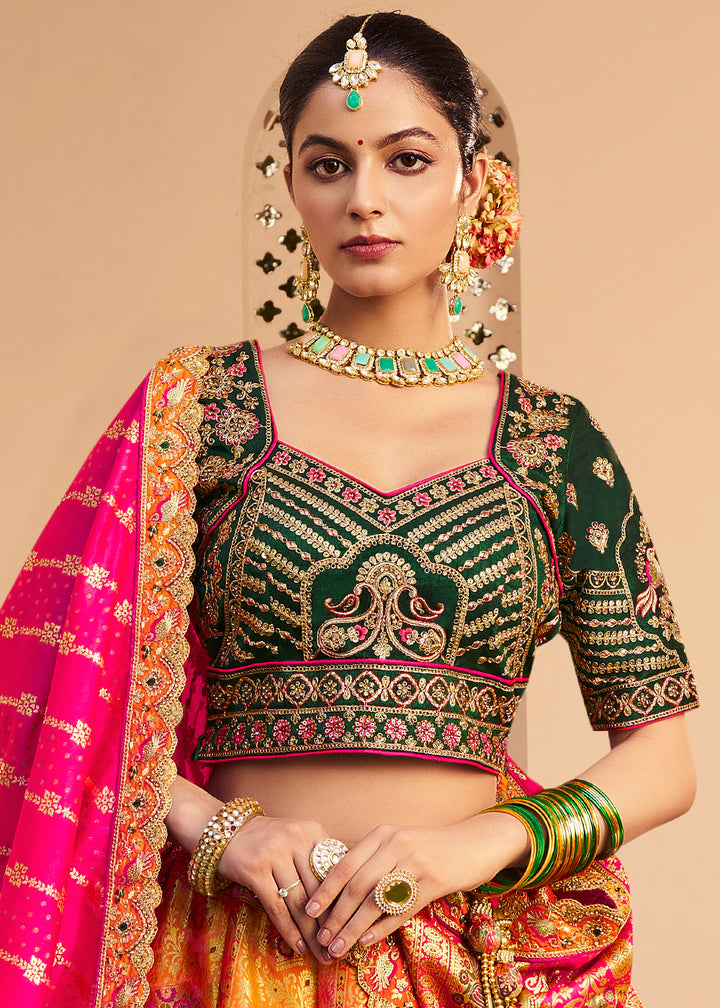Yellow & Green Banarasi Silk Lehenga with Exquisite Hand Embroidery