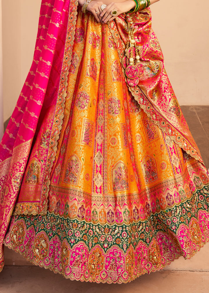 Yellow & Green Banarasi Silk Lehenga with Exquisite Hand Embroidery