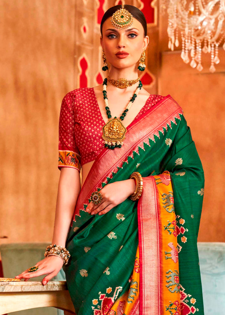 Forest Green Silk Saree Featuring Patola Pattern and Aqua-Finish Sambalpuri Pallu