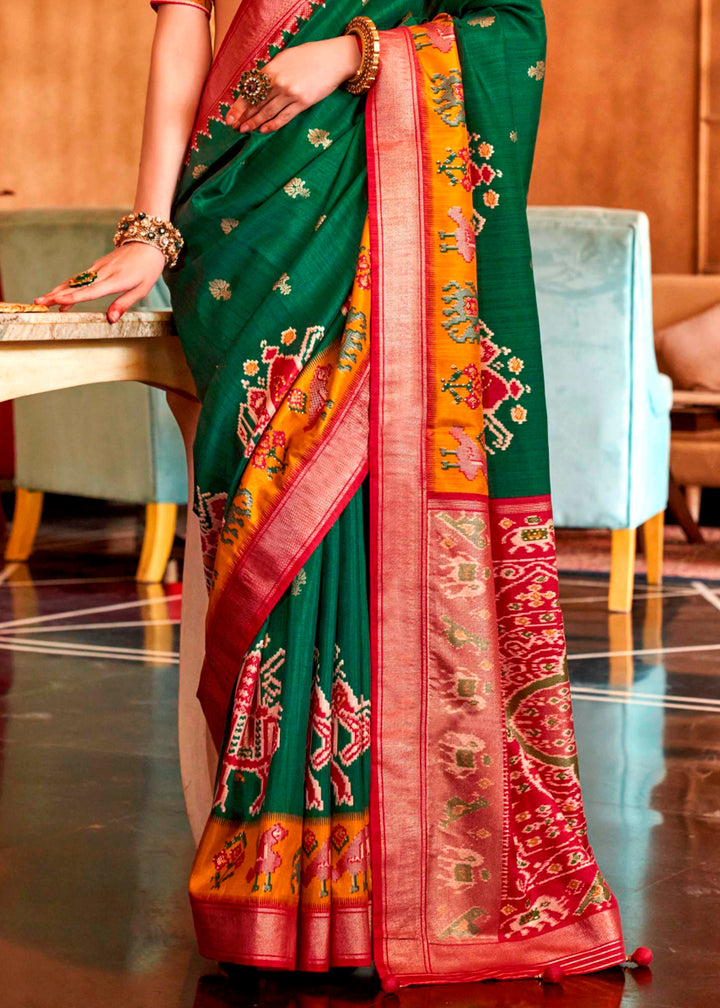 Forest Green Silk Saree Featuring Patola Pattern and Aqua-Finish Sambalpuri Pallu