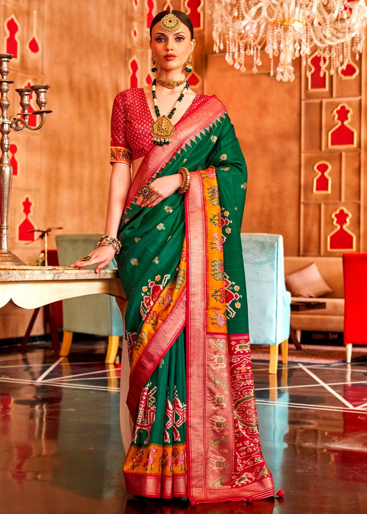 Forest Green Silk Saree Featuring Patola Pattern and Aqua-Finish Sambalpuri Pallu