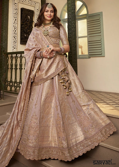 Golden & Purple Zari Woven Banarasi Silk Lehenga Choli with Traditional Motifs