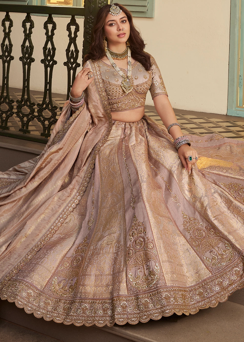 Golden & Purple Zari Woven Banarasi Silk Lehenga Choli with Traditional Motifs