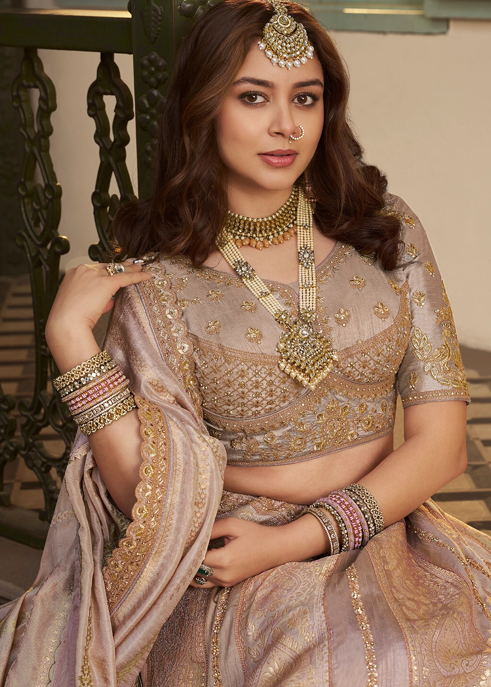 Golden & Purple Zari Woven Banarasi Silk Lehenga Choli with Traditional Motifs