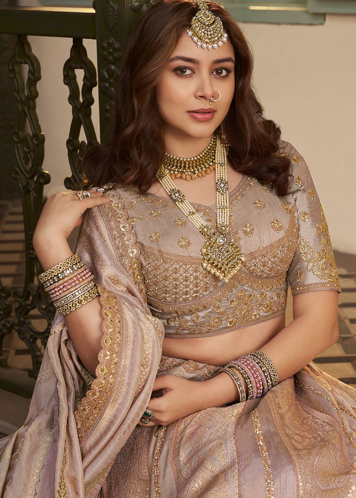 Golden & Purple Zari Woven Banarasi Silk Lehenga Choli with Traditional Motifs