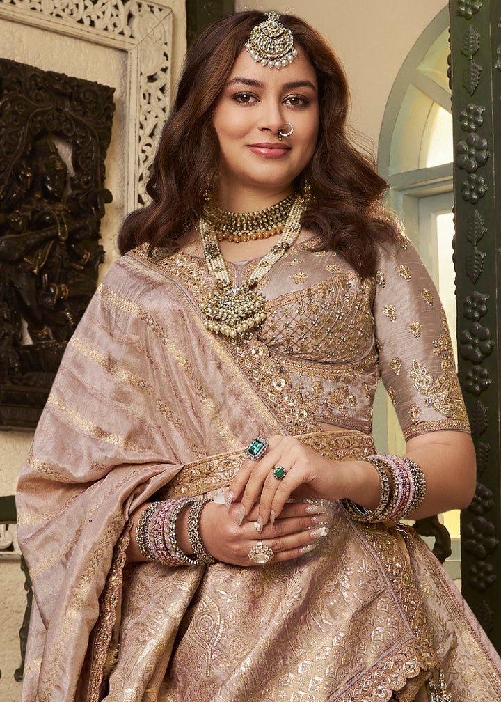 Golden & Purple Zari Woven Banarasi Silk Lehenga Choli with Traditional Motifs