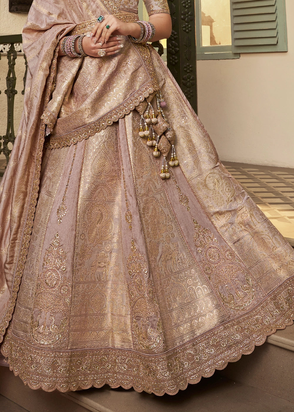 Golden & Purple Zari Woven Banarasi Silk Lehenga Choli with Traditional Motifs
