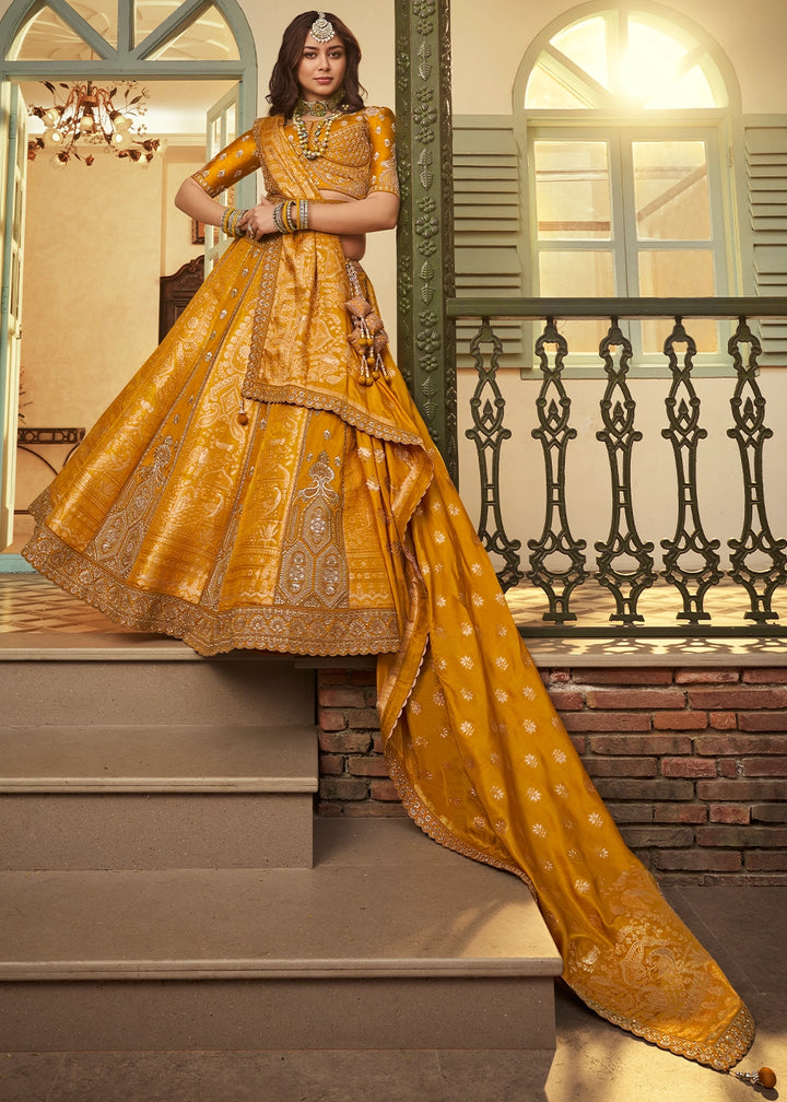Mustard Yellow Zari Woven Banarasi Silk Lehenga Choli with Traditional Motifs