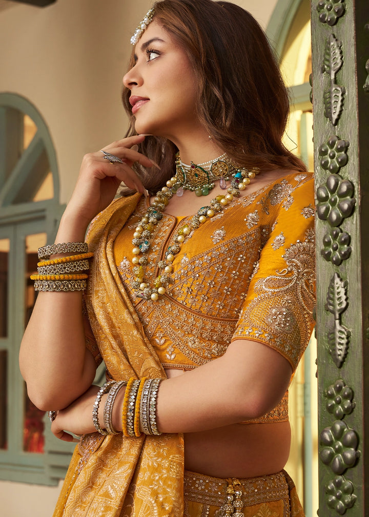 Mustard Yellow Zari Woven Banarasi Silk Lehenga Choli with Traditional Motifs