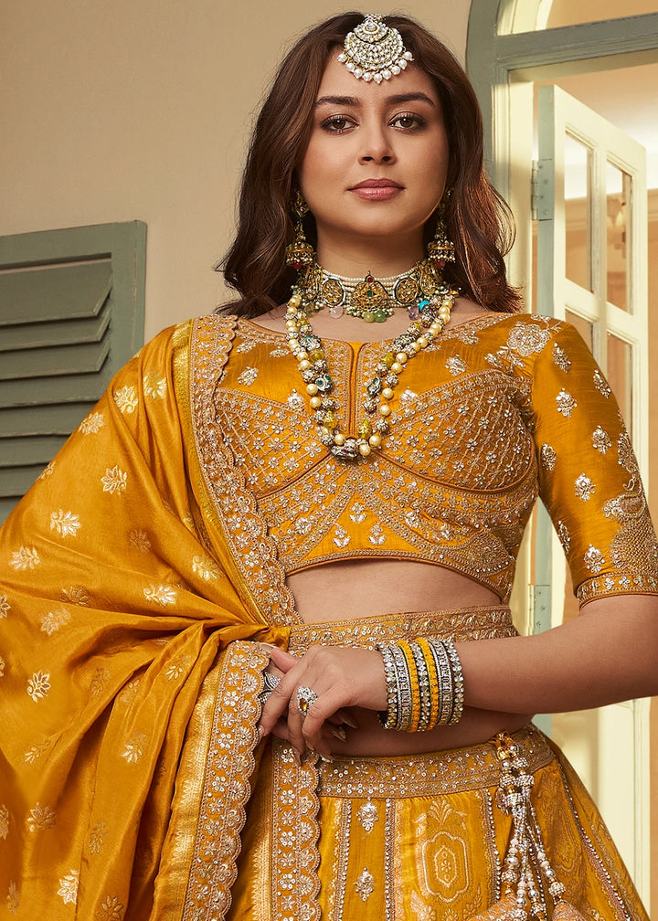 Mustard Yellow Zari Woven Banarasi Silk Lehenga Choli with Traditional Motifs