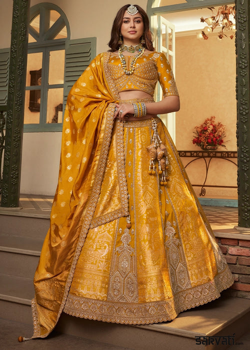 Mustard Yellow Zari Woven Banarasi Silk Lehenga Choli with Traditional Motifs