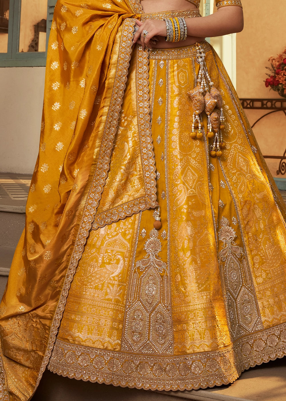 Mustard Yellow Zari Woven Banarasi Silk Lehenga Choli with Traditional Motifs