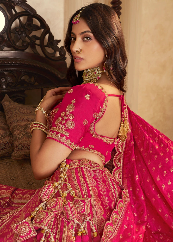Magenta Pink Zari Woven Banarasi Silk Lehenga Choli with Traditional Motifs