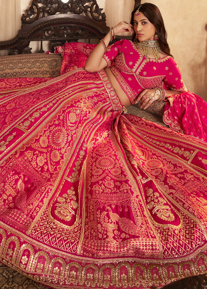 Magenta Pink Zari Woven Banarasi Silk Lehenga Choli with Traditional Motifs