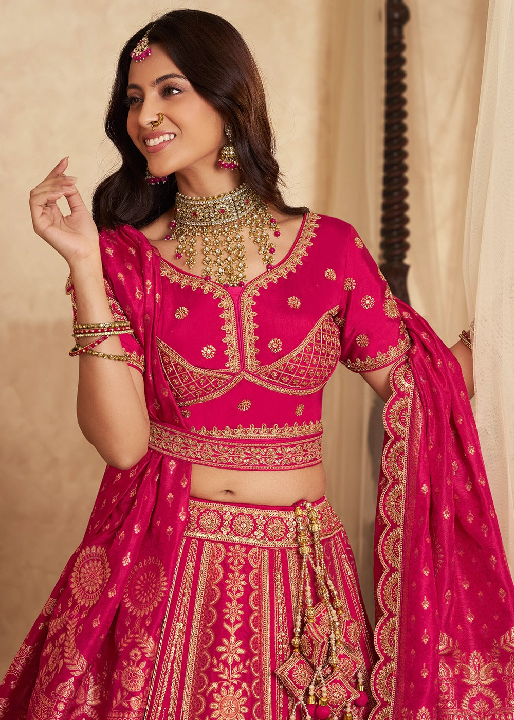 Magenta Pink Zari Woven Banarasi Silk Lehenga Choli with Traditional Motifs