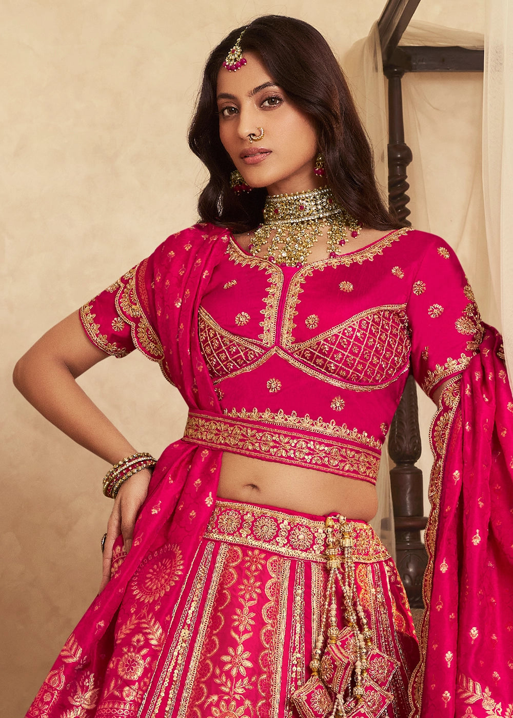 Magenta Pink Zari Woven Banarasi Silk Lehenga Choli with Traditional Motifs