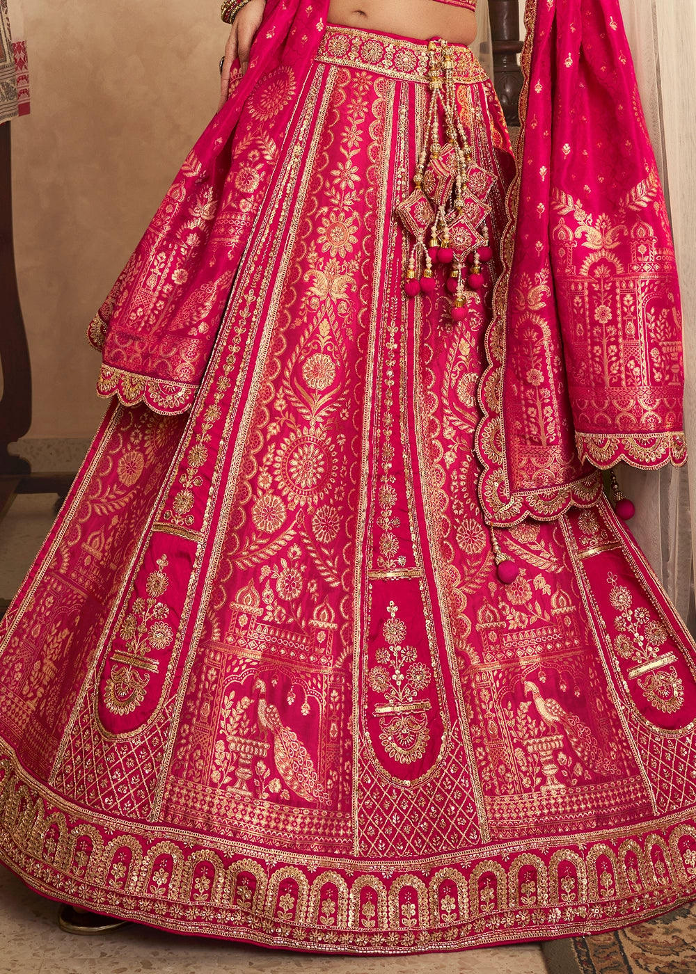 Magenta Pink Zari Woven Banarasi Silk Lehenga Choli with Traditional Motifs