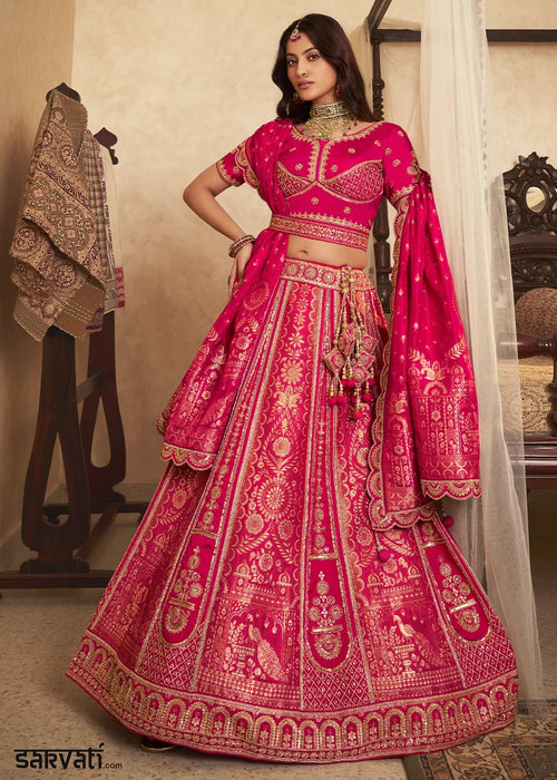 Magenta Pink Zari Woven Banarasi Silk Lehenga Choli with Traditional Motifs