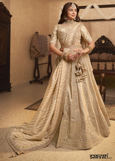 Cream & Brown Zari Woven Banarasi Silk Lehenga Choli with Traditional Motifs