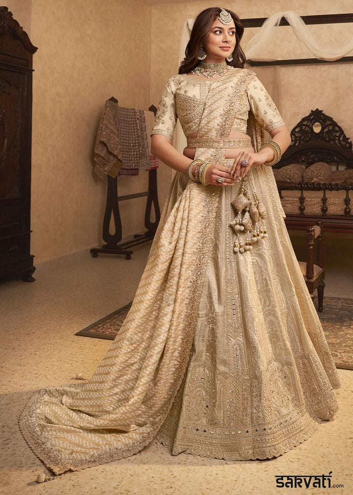 Cream & Brown Zari Woven Banarasi Silk Lehenga Choli with Traditional Motifs