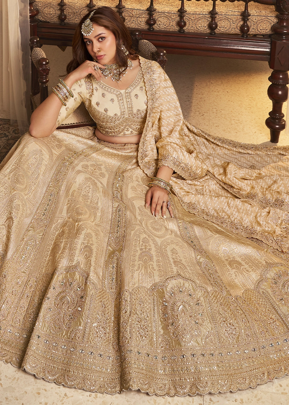 Cream & Brown Zari Woven Banarasi Silk Lehenga Choli with Traditional Motifs