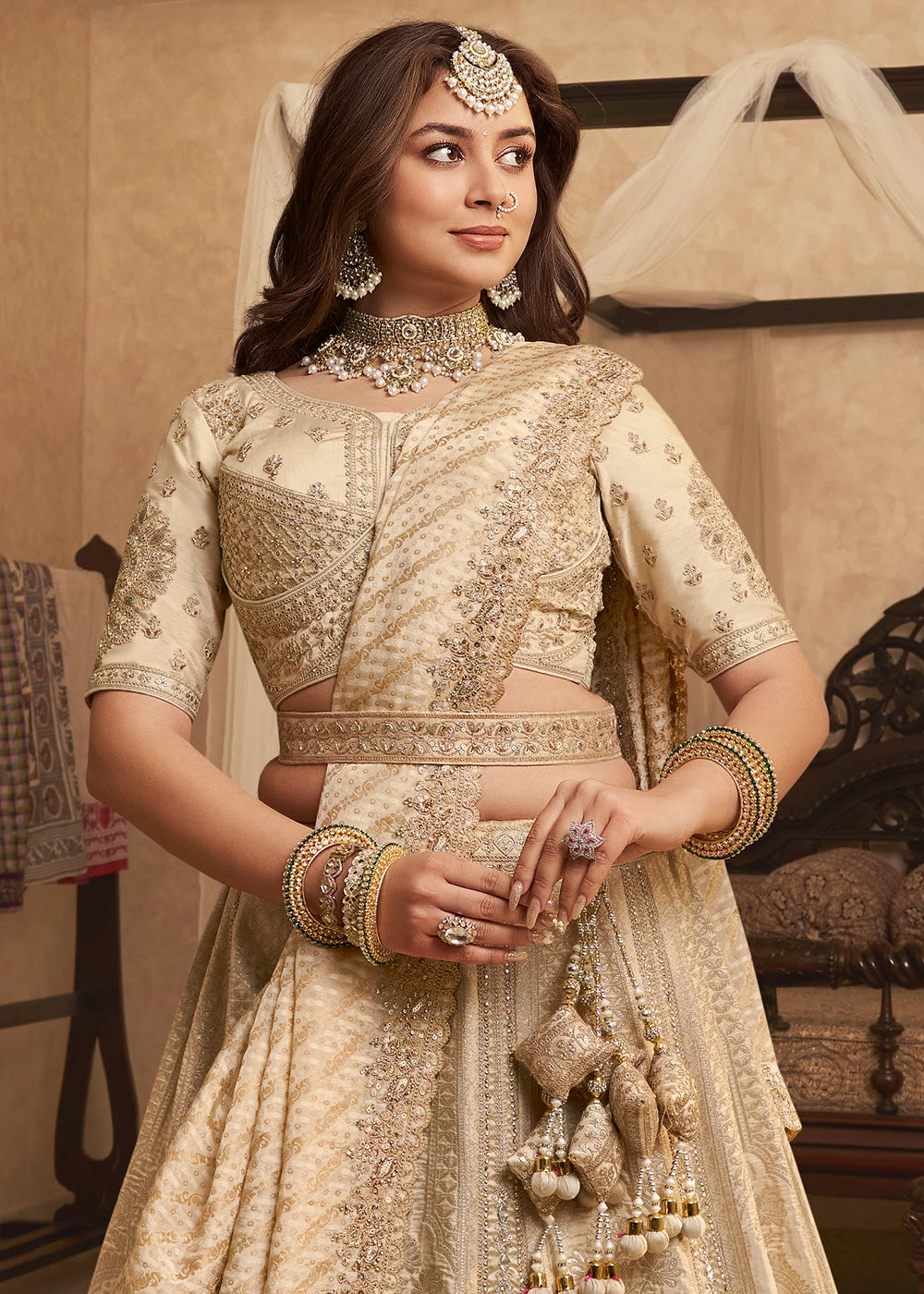 Cream & Brown Zari Woven Banarasi Silk Lehenga Choli with Traditional Motifs