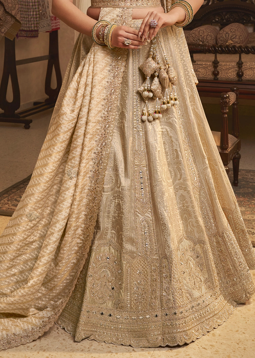 Cream & Brown Zari Woven Banarasi Silk Lehenga Choli with Traditional Motifs