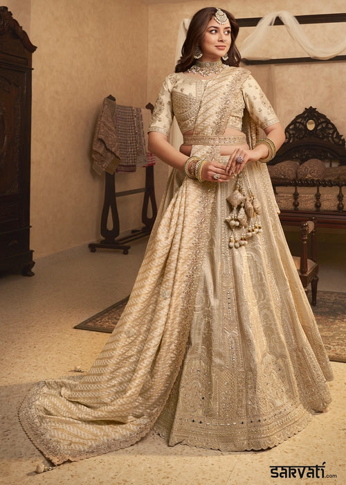 Cream & Brown Zari Woven Banarasi Silk Lehenga Choli with Traditional Motifs
