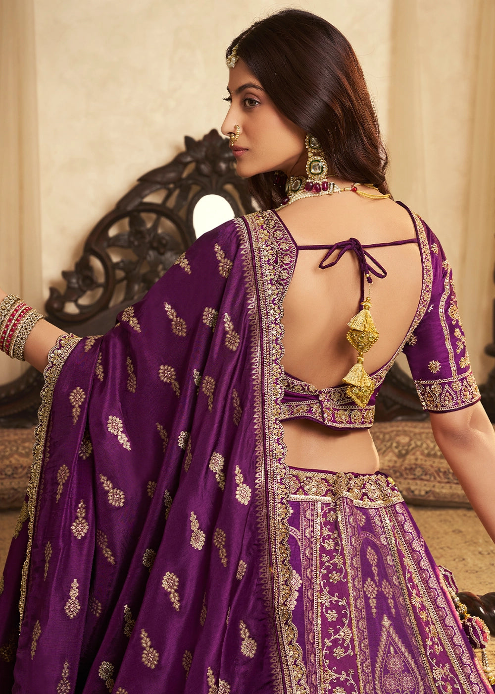 Plum Purple Zari Woven Banarasi Silk Lehenga Choli with Traditional Motifs