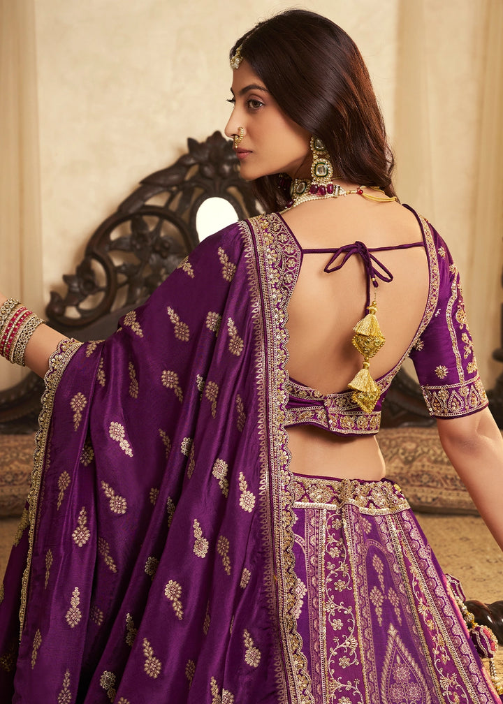 Plum Purple Zari Woven Banarasi Silk Lehenga Choli with Traditional Motifs