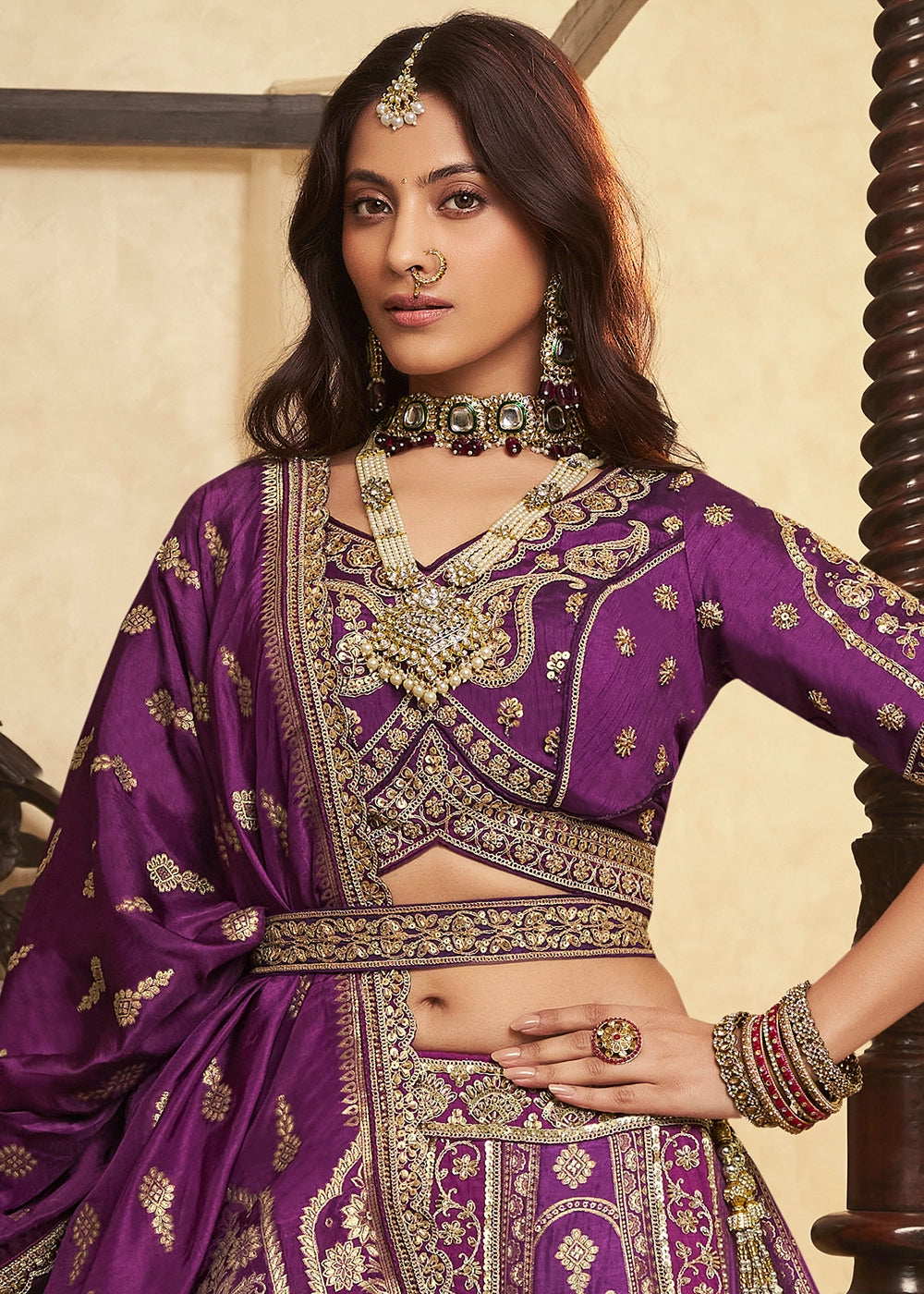 Plum Purple Zari Woven Banarasi Silk Lehenga Choli with Traditional Motifs