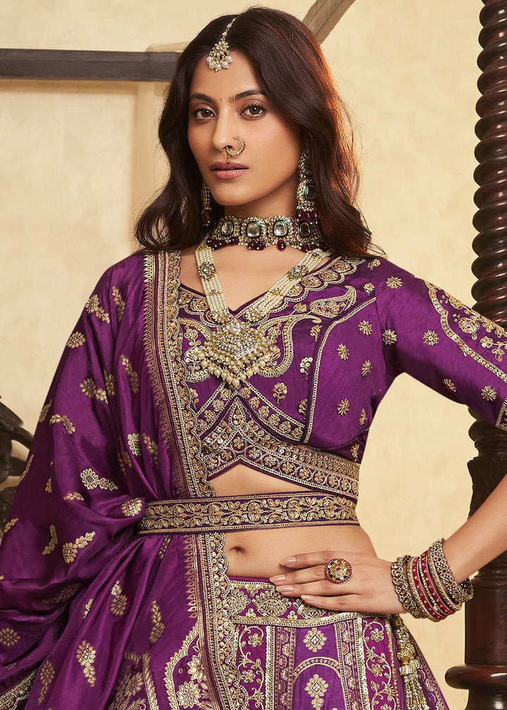 Plum Purple Zari Woven Banarasi Silk Lehenga Choli with Traditional Motifs