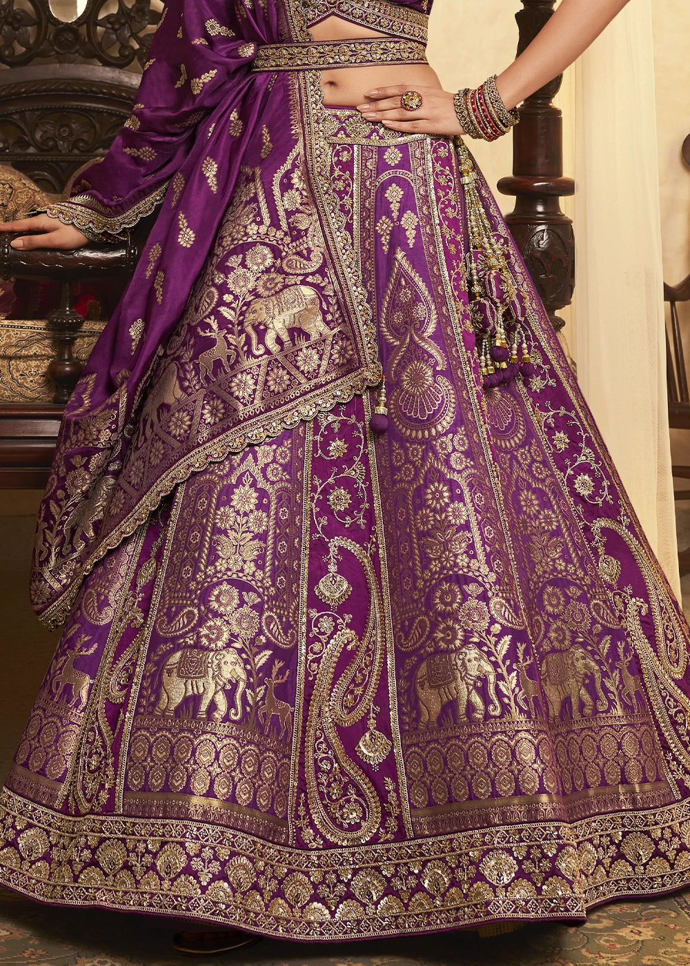 Plum Purple Zari Woven Banarasi Silk Lehenga Choli with Traditional Motifs